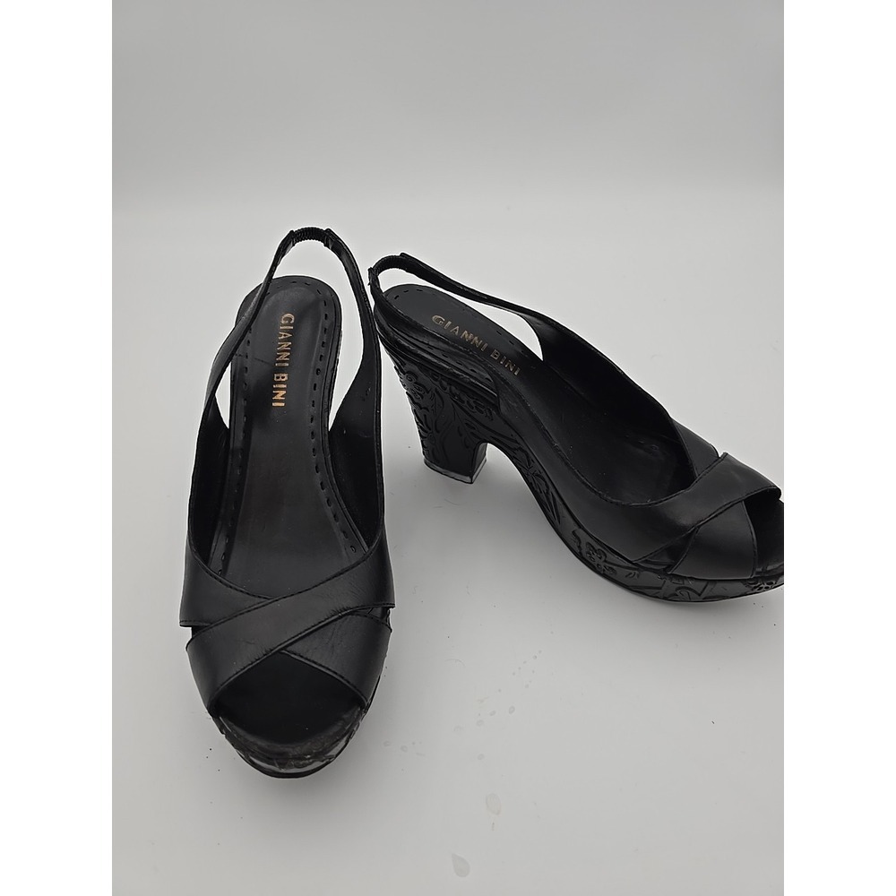 Gianni Bini Black Leather Wooden Platform Slingback Wedge Sandals Size 6.5US